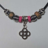 Handmade Celtic Knot Charm Necklace - 18" Black Cord with Pink & Iridescent Beads