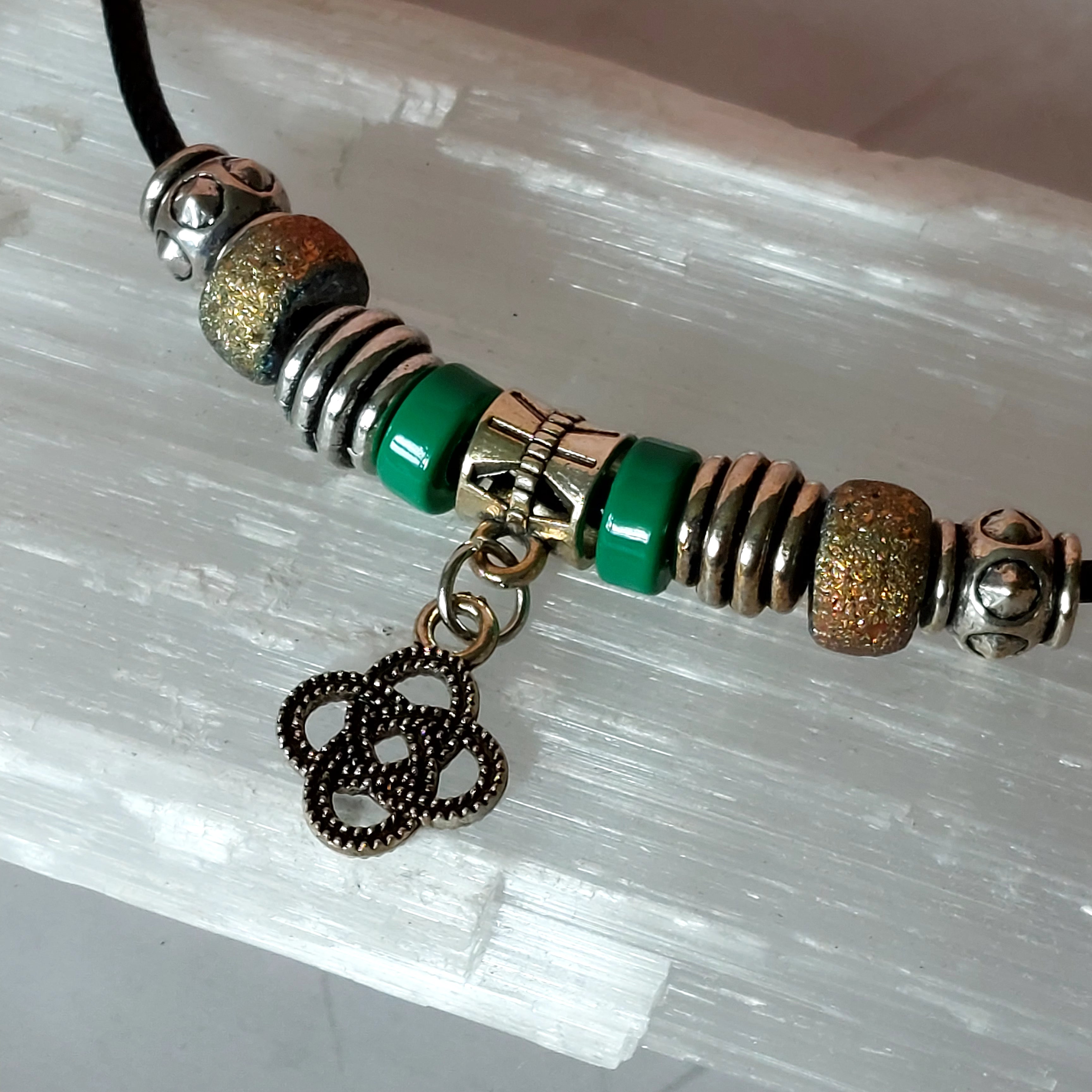 Celtic Knot Necklace with Green and Silver Accents