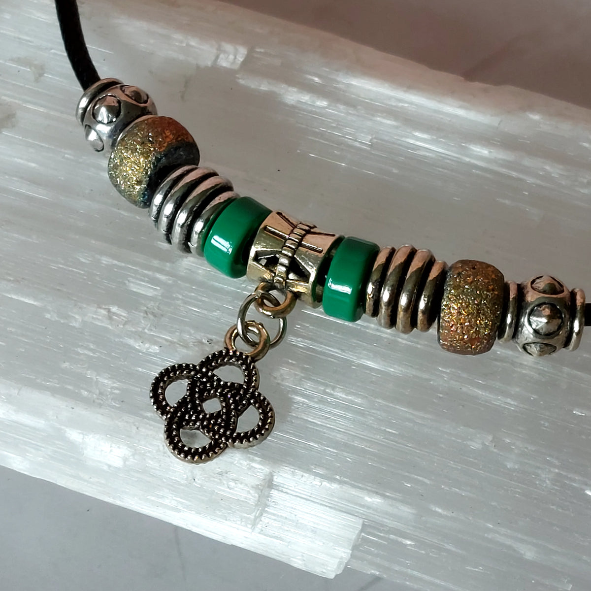 Celtic Knot Necklace with Green and Silver Accents