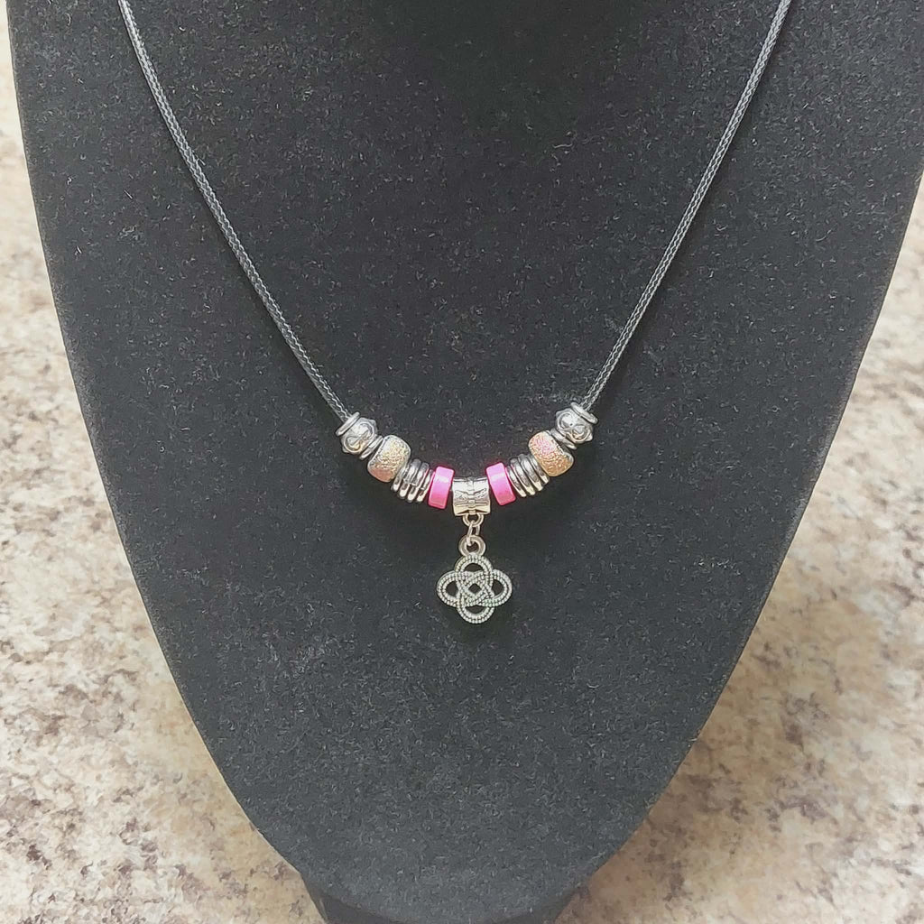 Handmade Celtic Knot Charm Necklace - 18" Black Cord with Pink & Iridescent Beads