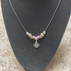 Handmade Celtic Knot Charm Necklace - 18" Black Cord with Pink & Iridescent Beads