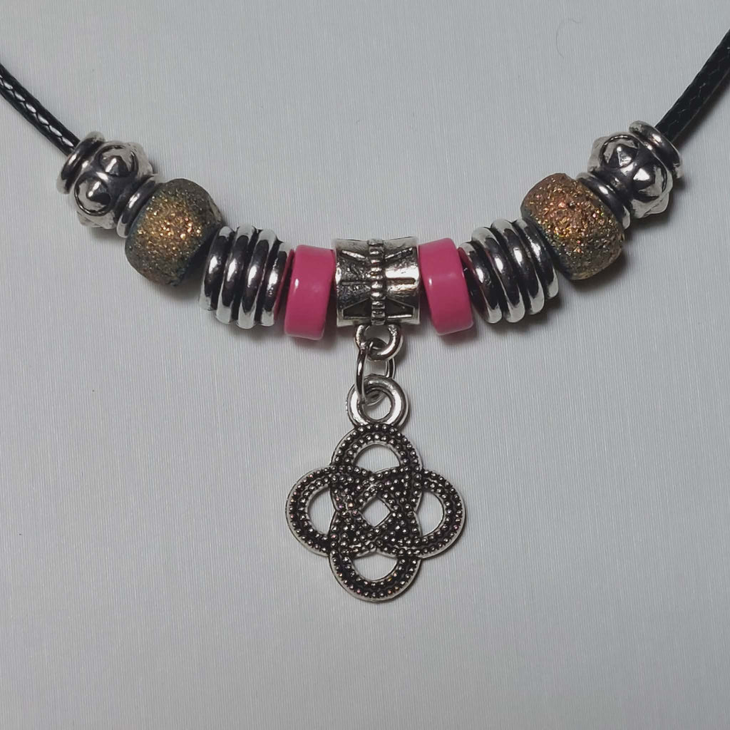 Handmade Celtic Knot Charm Necklace - 18" Black Cord with Pink & Iridescent Beads