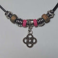Handmade Celtic Knot Charm Necklace - 18" Black Cord with Pink & Iridescent Beads