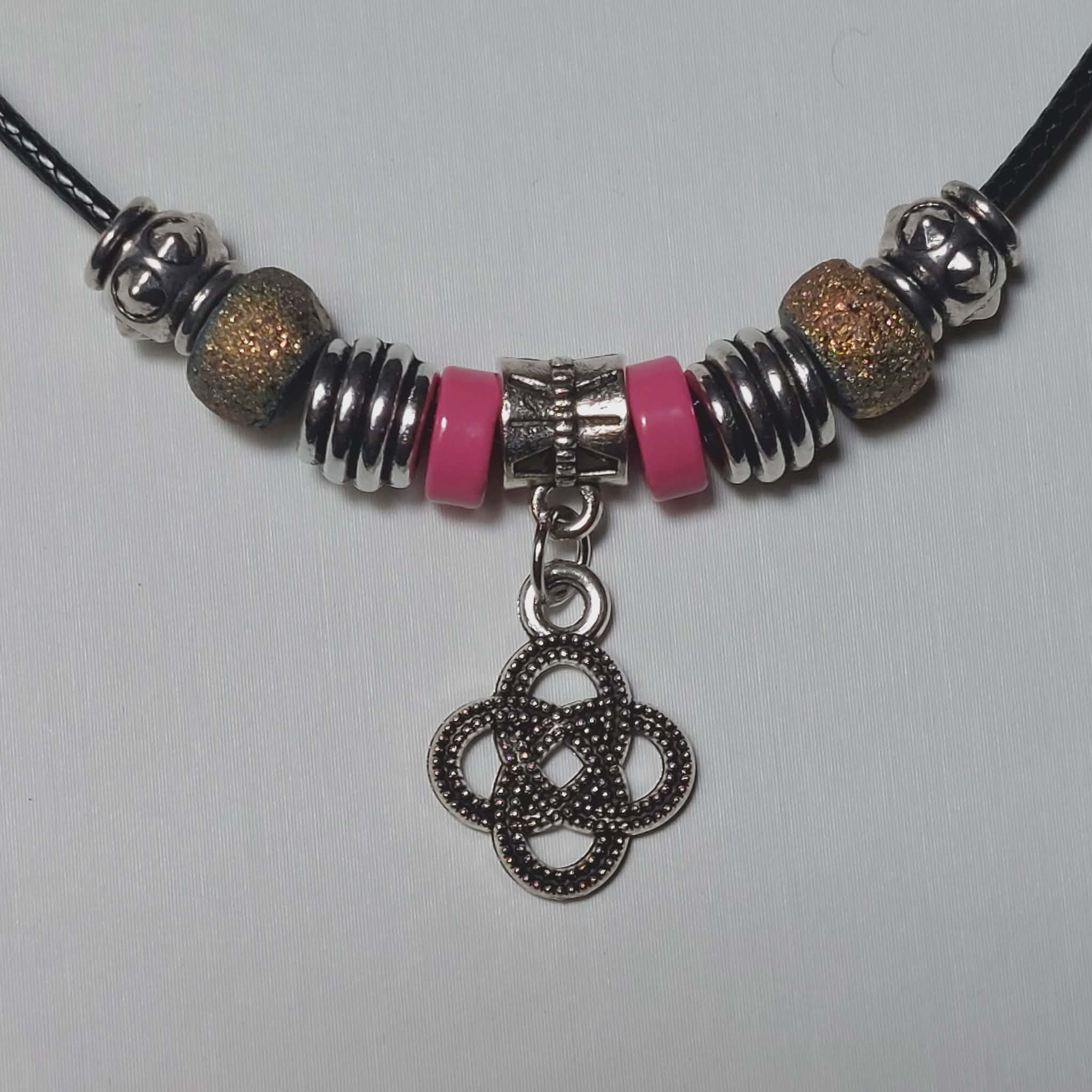 Handmade Celtic Knot Charm Necklace - 18" Black Cord with Pink & Iridescent Beads
