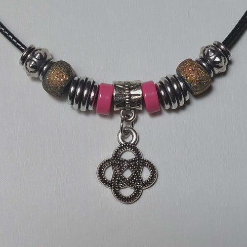 Handmade Celtic Knot Charm Necklace - 18" Black Cord with Pink & Iridescent Beads