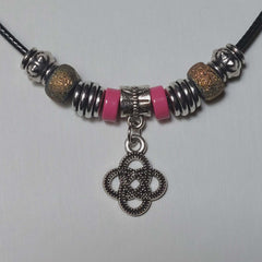 Handmade Celtic Knot Charm Necklace - 18" Black Cord with Pink & Iridescent Beads