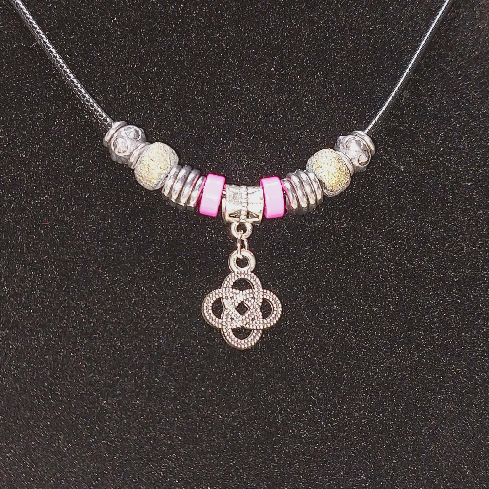 Handmade Celtic Knot Charm Necklace - 18" Black Cord with Pink & Iridescent Beads