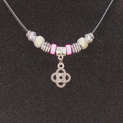 Handmade Celtic Knot Charm Necklace - 18" Black Cord with Pink & Iridescent Beads
