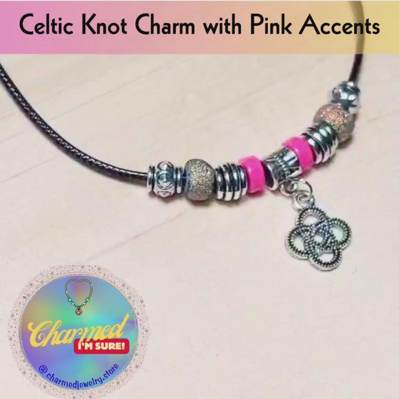 Handmade Celtic Knot Charm Necklace - 18" Black Cord with Pink & Iridescent Beads